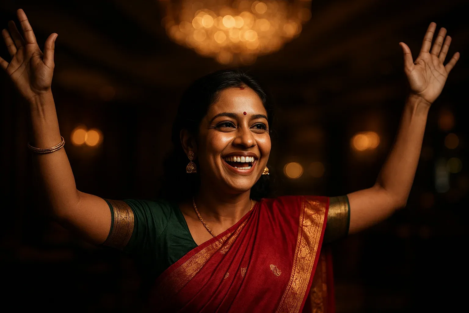 Joyful Bangladeshi woman in traditional attire celebrating in casino VIP lounge