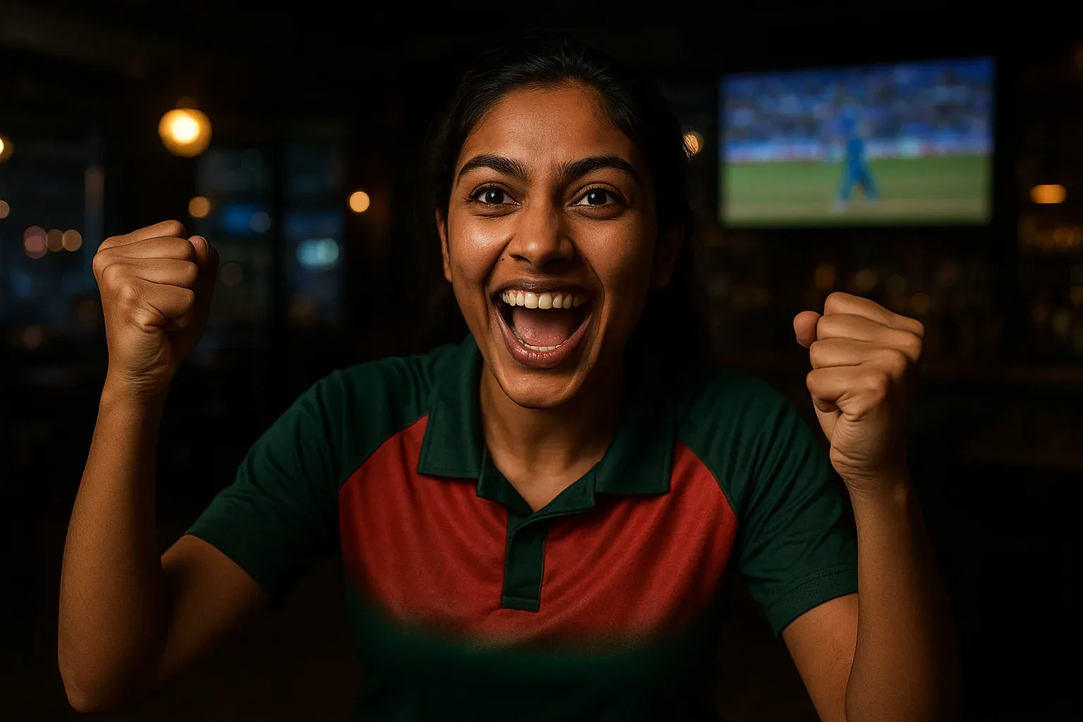Enthusiastic Bangladeshi woman in cricket jersey celebrating with raised fists