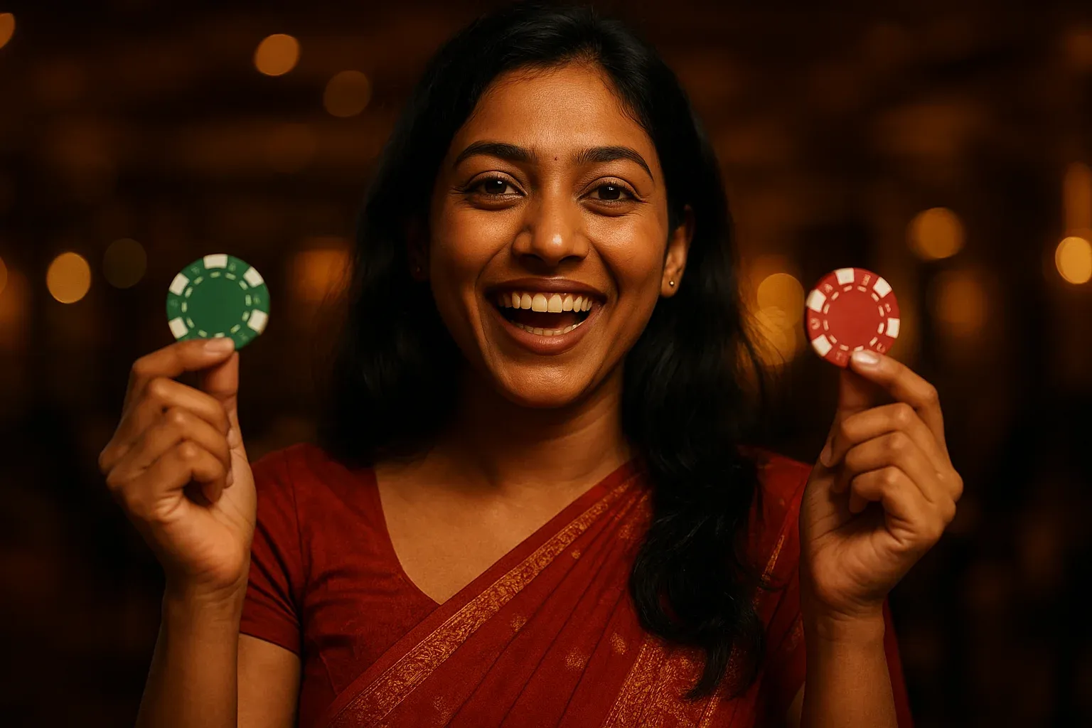 Joyful Bangladeshi woman holding casino chips in VIP lounge