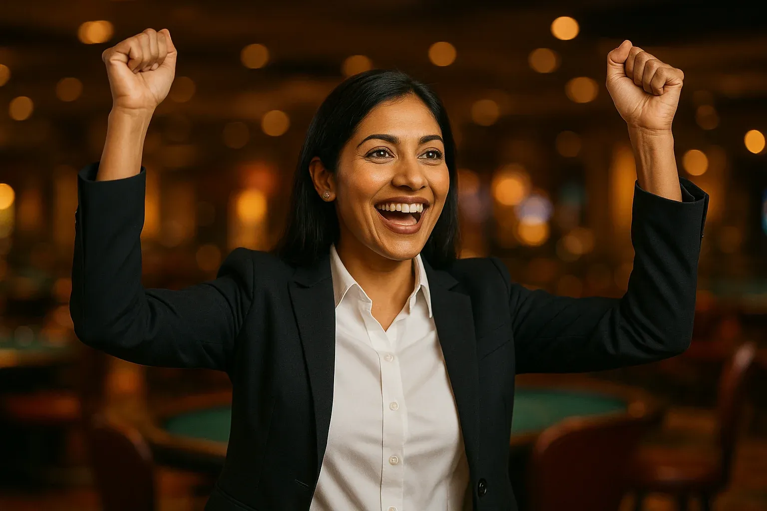 Elegant Bangladeshi woman celebrating with raised arms in casino lounge bokeh