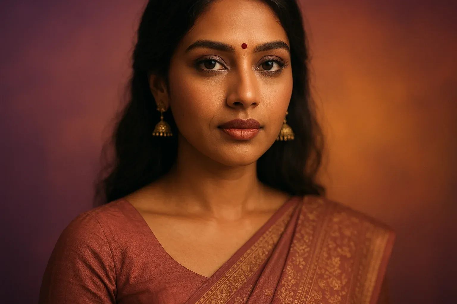 High-resolution portrait of stylish Bangladeshi woman on purple and gold gradient background