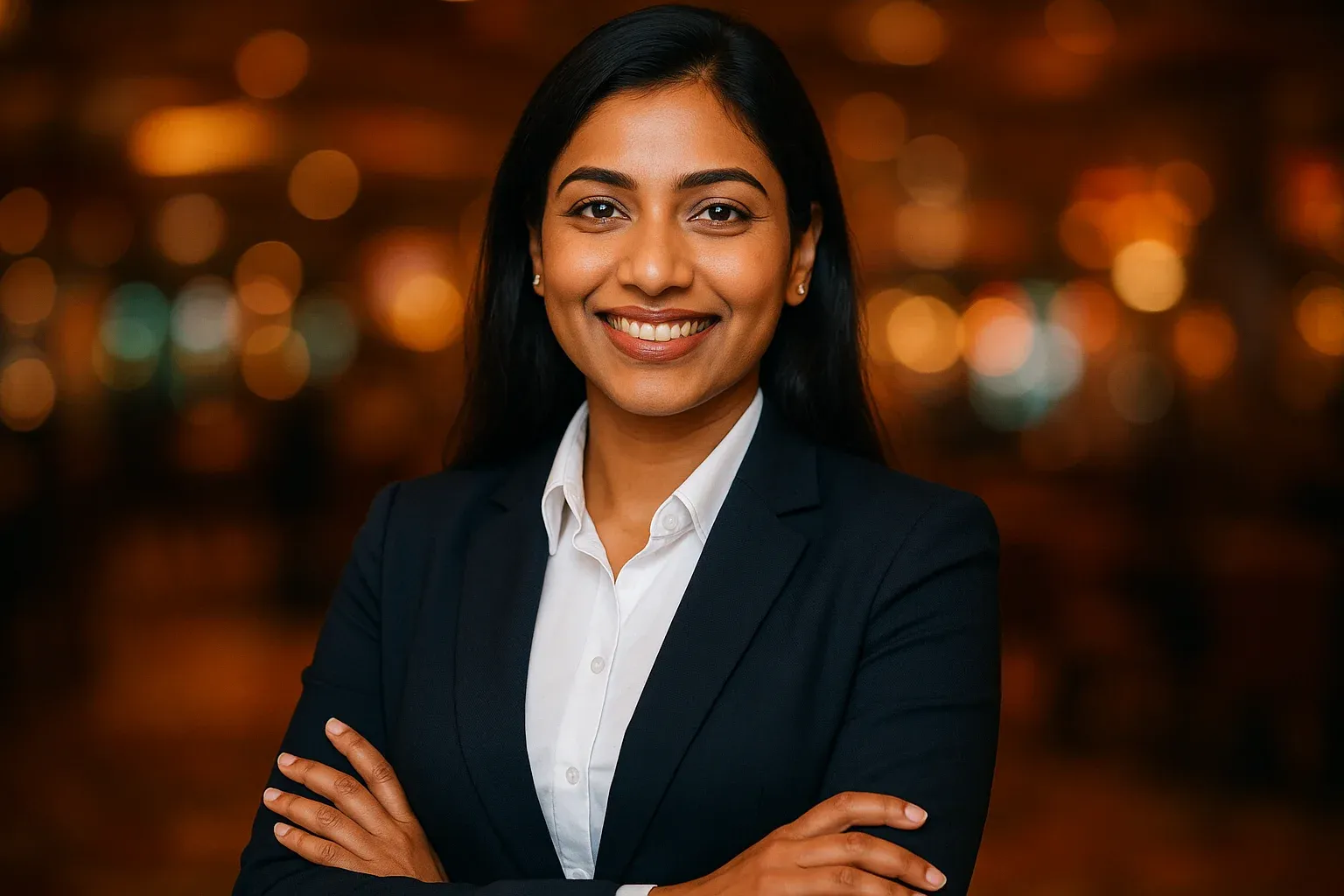 Elegant Bangladeshi businesswoman smiling in formal attire with warm casino bokeh background