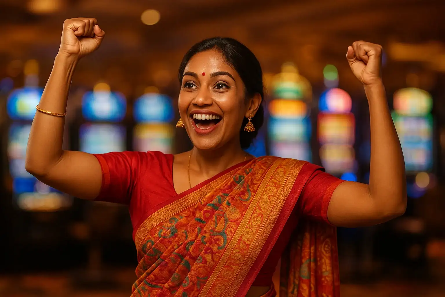 Excited Bangladeshi woman celebrating with raised arms on blurred casino floor